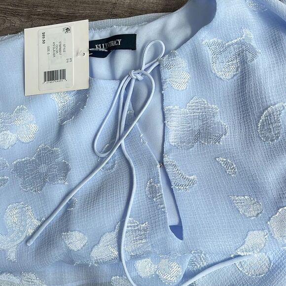 Ellen Tracy Floral Tie Slit Blouse-BLUE-Small - Picture 2 of 2